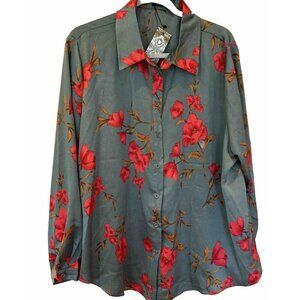 Boohoo Green Poppy Boho Romantic Dressy Floral Printed Satiny Shirt Size 14